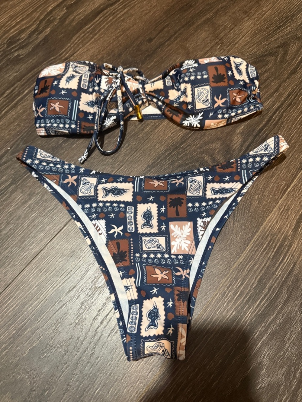 Womens Navy Blue & Brown Patterned One-Piece Swimsuit